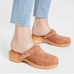 NWOB Re/Done 70s Classic Suede Brown Buckle Clogs Wood Heel Womens Size 6 EU 36